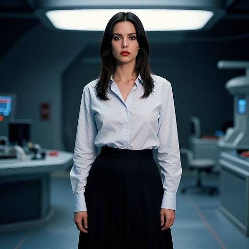 Photograph of a serious-looking woman with long black hair, wearing a white button-up shirt and black skirt, standing in a dimly-lit,