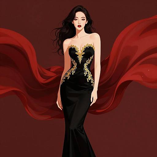Elegant Woman in Black and Gold Gown
