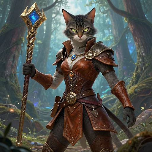 Digital fantasy art of a fierce, armored, yellow-eyed tabby cat warrior holding a glowing blue staff in a mystical forest.