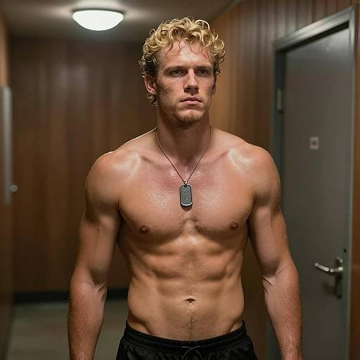 Muscular Man in Dimly Lit Corridor