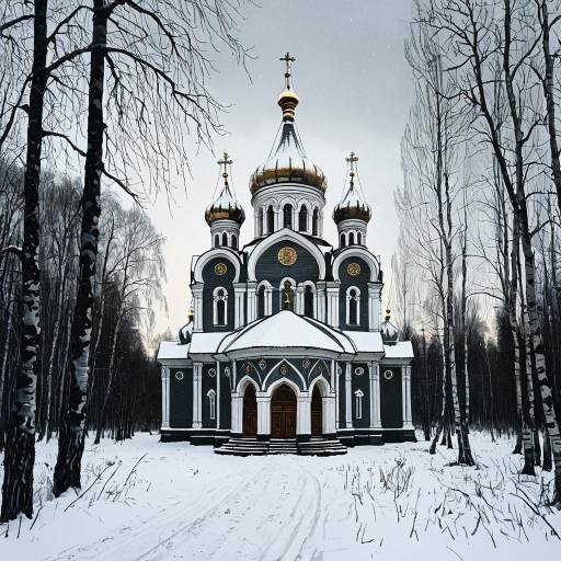 Russian Orthodox Cathedral in Winter Birch Forest