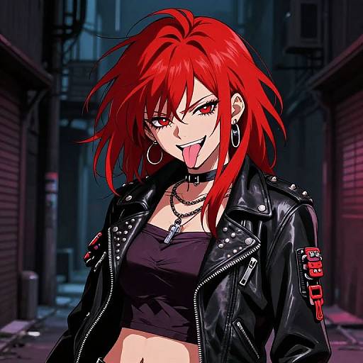 Digital anime-style drawing of a red-haired, punk-rock girl with piercings, tongue out, black leather jacket, and crop top, in a