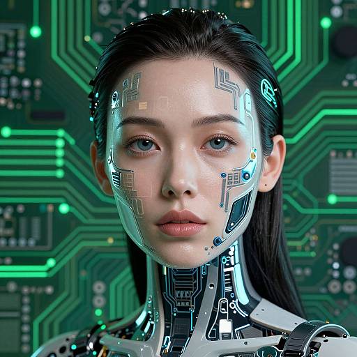Digital artwork of a cybernetic woman with blue eyes, black hair, and glowing circuit patterns on her face and neck, against a green circuit board