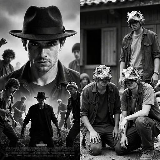 Black and White Drama Portrait and Lizard Mask Scene