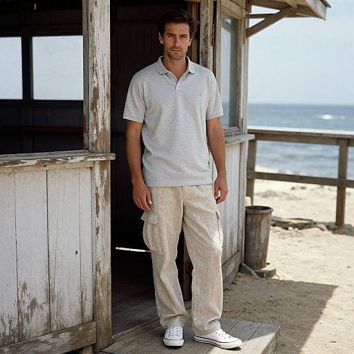 Photograph of a handsome, tall, bearded man in a white polo and beige cargo pants standing at a weathered beach shack doorway, with ocean