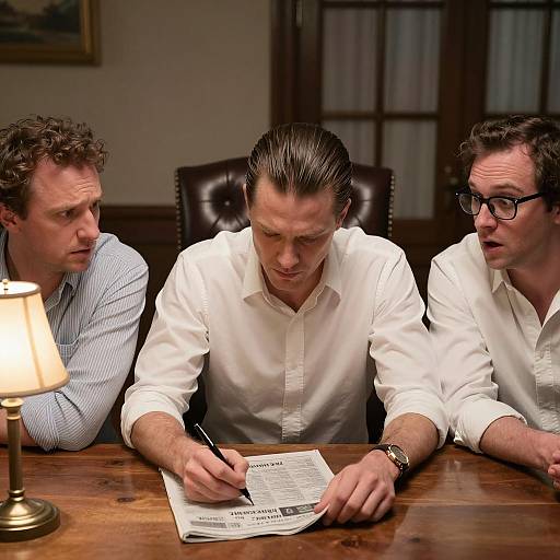 Three Men at Wooden Table Writing on Newspaper