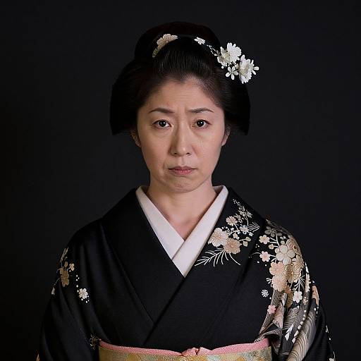 Photograph of an East Asian woman in a black floral kimono with white and beige flowers, pink obi, black background.