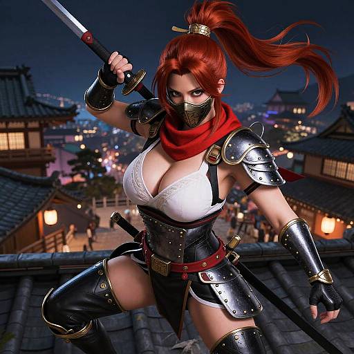 Digital artwork of a red-haired, ninja woman with large breasts, white lace bra, armored black gear, red scarf, holding katana, rooftop at