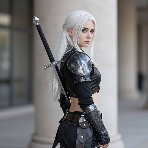 CGI image of a white-haired, pale-skinned woman with blue eyes, wearing medieval armor, black crop top, and leather pants, sword she