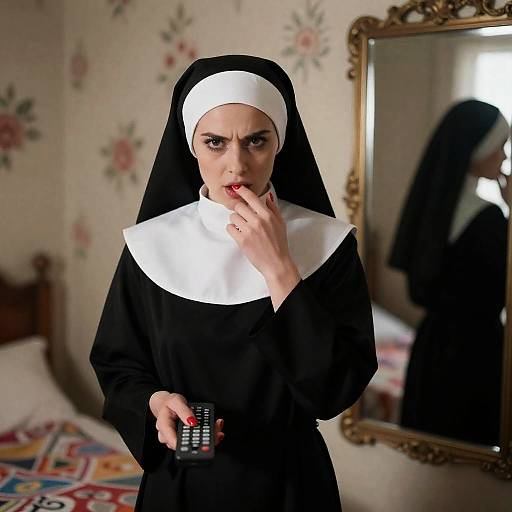 Intense Nun in Black and White Setting