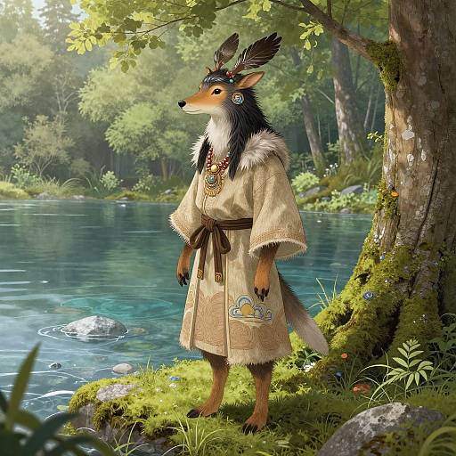 Digital fantasy artwork of an anthropomorphic fox in a beige fur-lined robe, standing by a forest stream, adorned with feathers and jewelry.