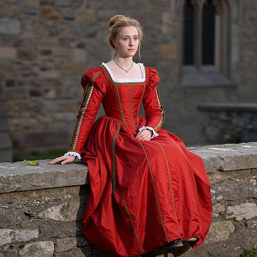Photograph of a young woman with light brown hair in an elaborate red Renaissance-style dress with gold trim, sitting on a stone wall against a medieval stone