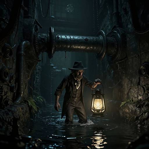 Dark Victorian Sewer Explorer Scene