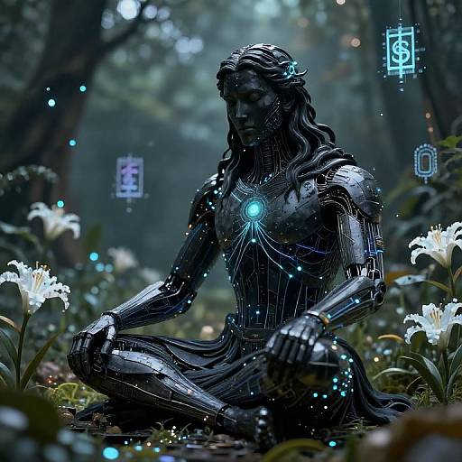 Digital artwork of a cybernetic, black metallic statue with glowing blue runes, sitting cross-legged in a mystical forest filled with white flowers and floating lights