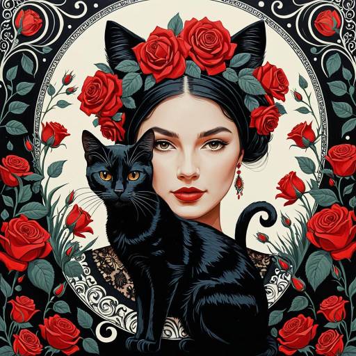 Elegant Woman with Black Cat and Red Roses