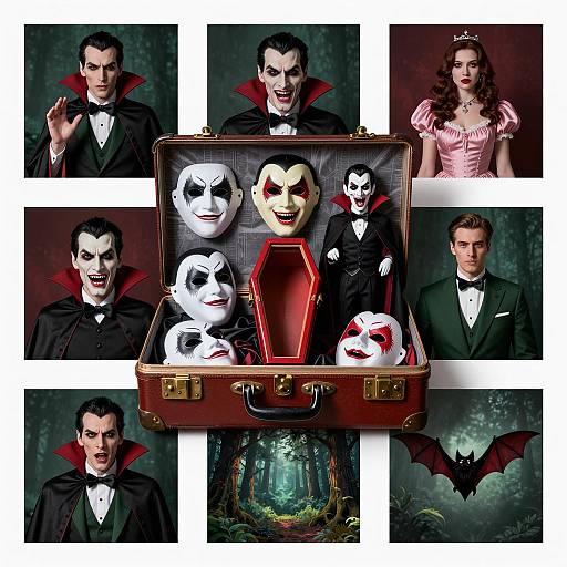 Vintage Vampire Suitcase with Themed Masks and Characters