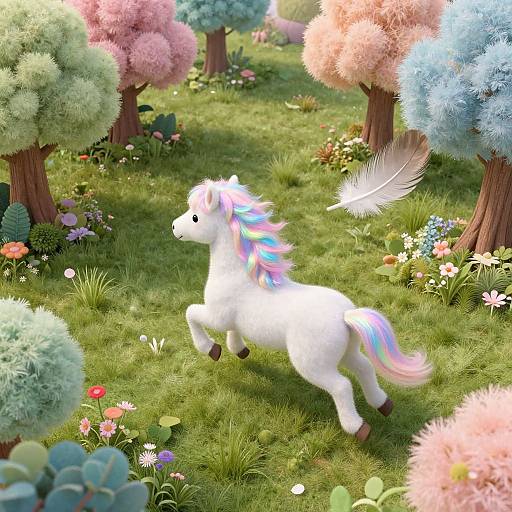 Digital artwork of a white, rainbow-maned unicorn with wings prancing in a vibrant, flower-filled forest with pastel-colored trees.