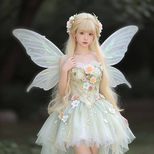 Digital artwork of a fair-skinned, blonde fairy with long hair, wearing a white floral dress and delicate wings, set against a dark forest background.