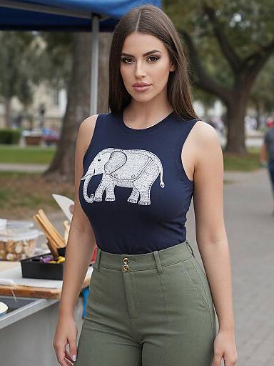 Photograph of a young woman with straight brown hair, wearing a black sleeveless top with a white elephant print, olive green high-waisted pants