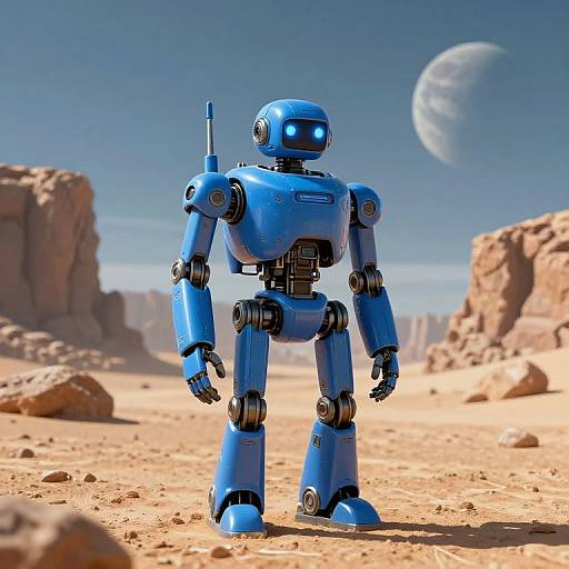 Futuristic Blue Robot in Desert