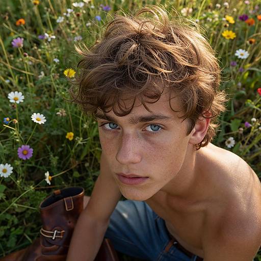 Young, shirtless boy with tousled brown hair, blue eyes, and freckles, kneeling in a sunlit meadow of colorful wildflowers