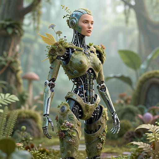 CGI image of a female humanoid robot with moss, flowers, and gears, standing in a lush, futuristic forest landscape.