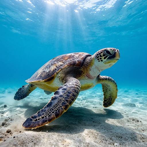Photograph of a sea turtle swimming underwater, sunlight filtering through clear blue water, turtle's brown and green patterned shell and flippers visible, sandy
