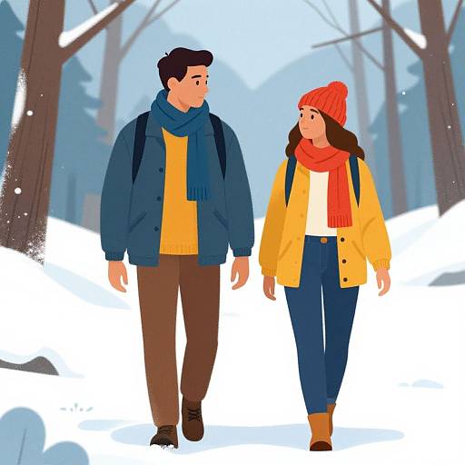 Digital illustration of a couple walking in a snowy forest. Man in blue jacket, yellow sweater, brown pants, blue scarf, and woman in yellow jacket