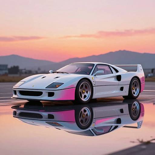 Photograph of a sleek, white Ferrari 288 GTO with pink reflections, parked on a wet surface at sunset, with mountains and a pastel
