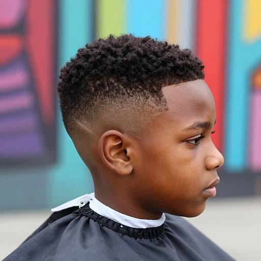Photograph of a young Black boy with short, neatly trimmed, textured hair and side undercut, wearing a black barber cape, profile view against colorful blurred