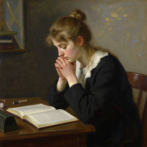 A Victorian-style painting of a pensive woman with brown hair in a bun, wearing a black dress with white lace collar, praying over an open book