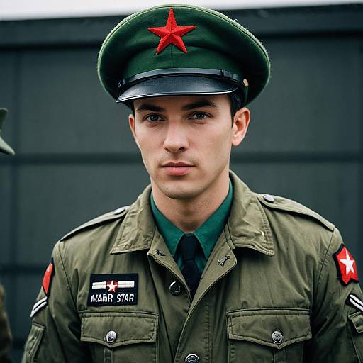 Young Man in Military Uniform with Red Star Hat