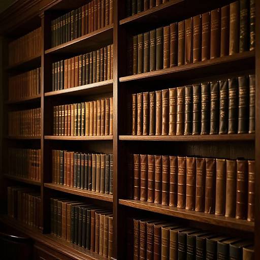 Photograph of a dimly lit, wooden bookshelf filled with rows of uniformly bound, dark brown leather books, casting warm shadows.