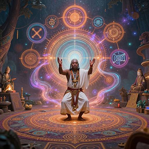 Photograph of a dark-skinned, muscular man in white robe, hands raised, surrounded by glowing circular magical symbols, set in a mystical, colorful