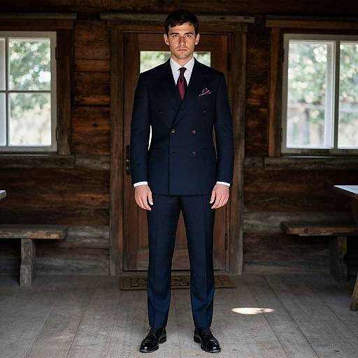 Confident Man in Navy Suit in Cabin