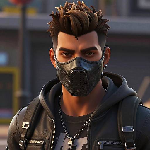 CGI portrait of a muscular man with spiked brown hair, wearing a black leather mask, hoodie, and backpack, standing in an urban setting.