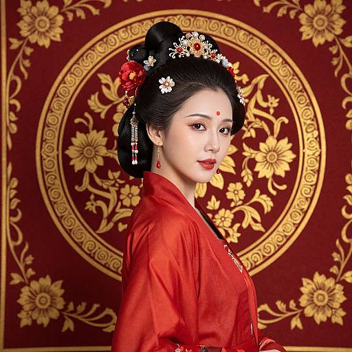 Digital artwork of an elegant Asian woman in a red kimono, adorned with floral hairpins and red accessories, set against a gold-patterned red background