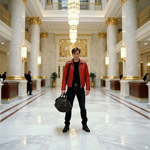 Elegant Bank Interior with Tactical Figure