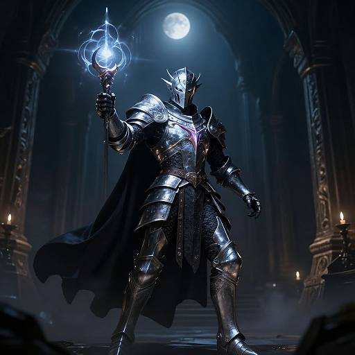 Digital artwork of a dark, armored knight with a glowing blue orb in one hand, standing in a moonlit, gothic cathedral.