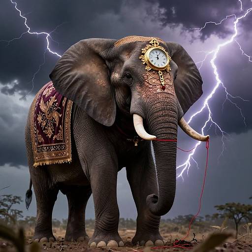 Photograph of a majestic elephant adorned with a gold clock and red cloth, standing in a stormy landscape with vivid lightning.