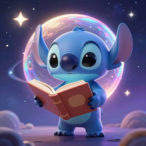 CGI image of a cute blue alien, Stitch from Lilo & Stitch, reading a red book against a glowing, colorful galaxy background.
