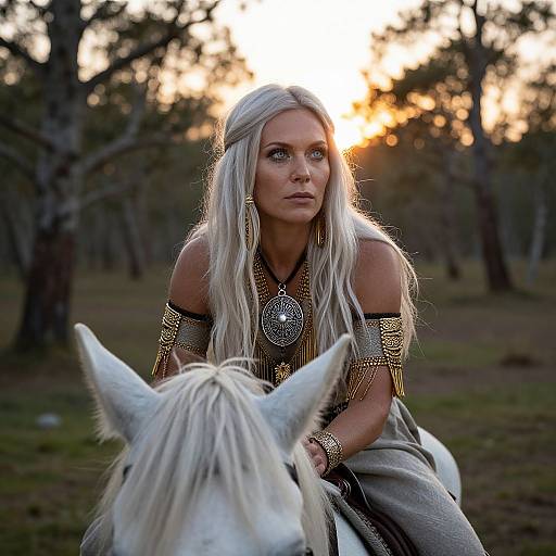 Photograph of a blonde woman with long hair, wearing intricate gold jewelry, riding a white horse at sunset in a forest.