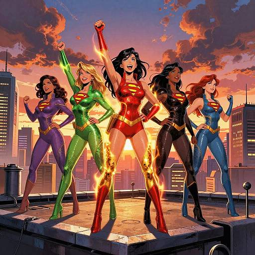 Triumphant Superheroines on Rooftop