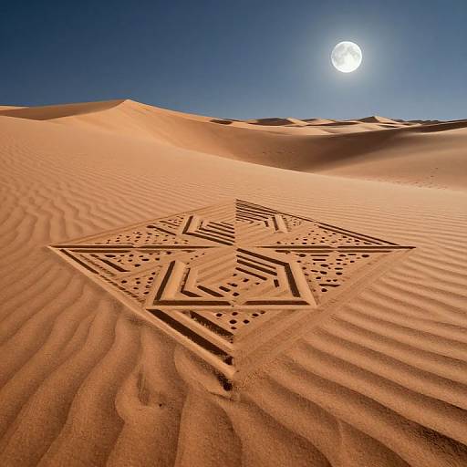 Photograph of a desert with a large, intricately carved star-shaped pattern in the sand under a bright, full moon in a clear blue sky.