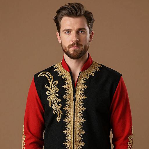 Man in Embroidered Black and Red Outfit