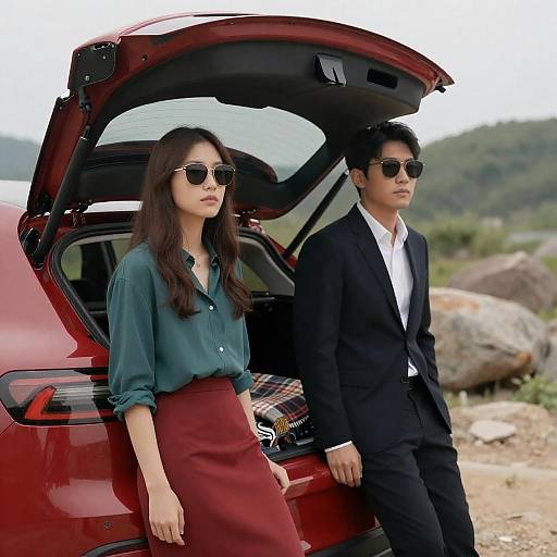 Two People Beside a Red Car