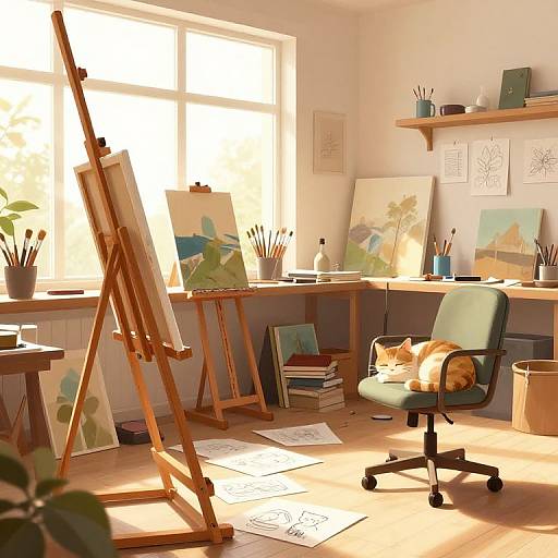 Sunlit art studio with cat napping on green chair, wooden easels, paintings, brushes, potted plants, and natural light from large window