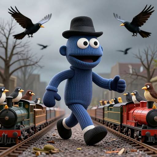 Photorealistic CGI of a blue, knitted, puppet-like figure in a black hat, running on train tracks with penguins and birds.