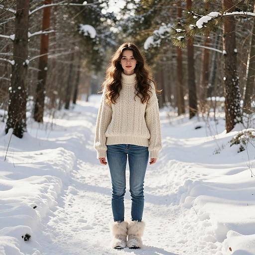 Photograph of a young woman with long brown hair, wearing a cream knit sweater, blue jeans, and white fur boots, standing in a snowy forest