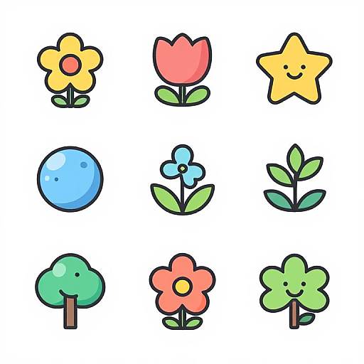 Cartoon-style digital illustration of 9 colorful flowers and plants: yellow flower, red tulip, yellow star, blue ball, blue flower, green